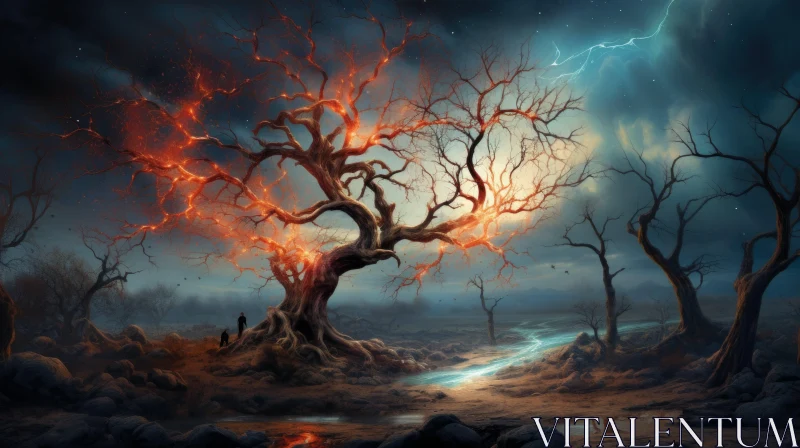 Ominous Landscape with Lightning: A Charred Tree's Tale AI Image
