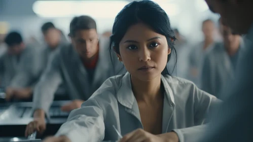 Women at Front of Computers in Lab with Men Behind Them - Moody Realism