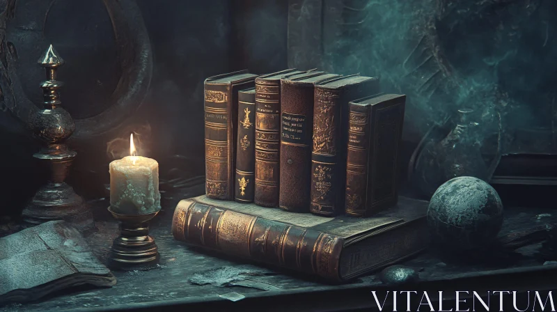 Vintage Books with Candle Light AI Image