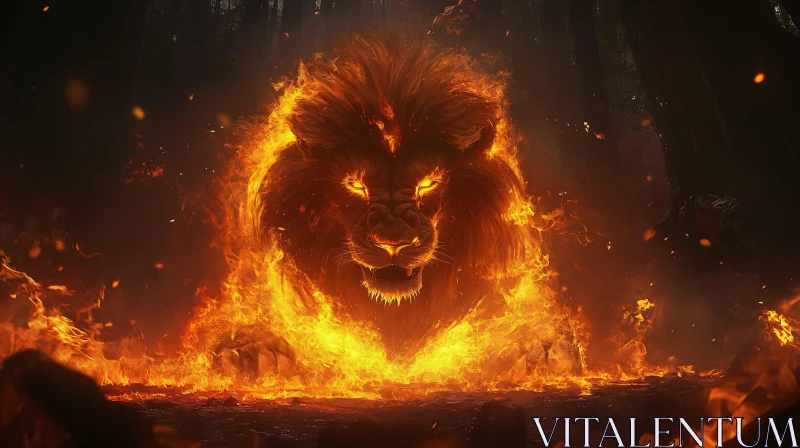 Lion in Flames within Dark Forest AI Image