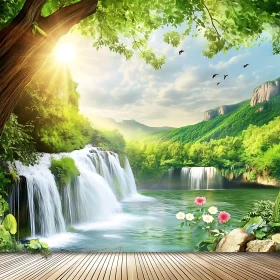 Tranquil Waterfall Surrounded by Lush Forests