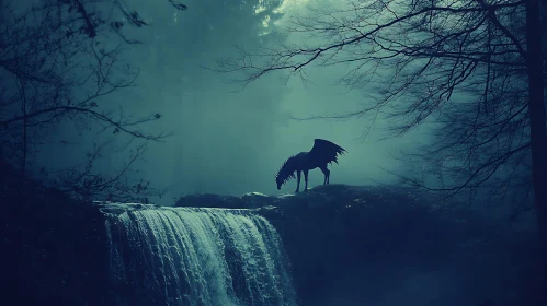 Mystical Pegasus at Forest Waterfall