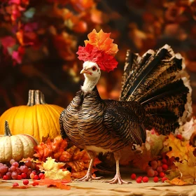 Autumnal Turkey Display with Pumpkins and Leaves