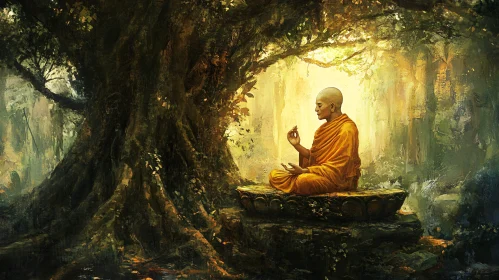 Peaceful Monk in Forest Meditation