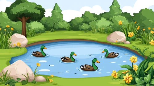 Peaceful Pond with Ducks and Greenery