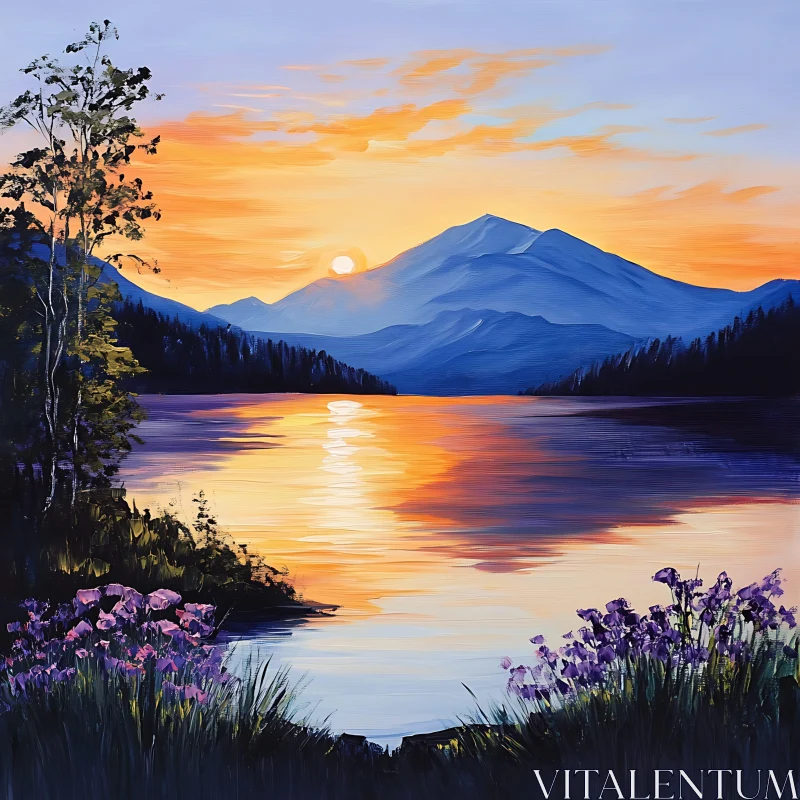 Sunset Reflection on Mountain Lake AI Image