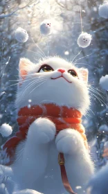 Charming Cat Gazes at Furry Snowballs