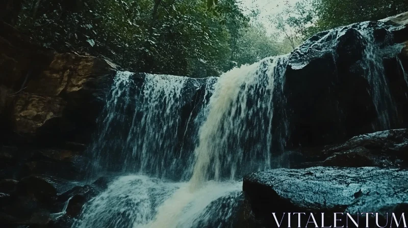 AI ART Tranquil Waterfall in a Lush Green Forest