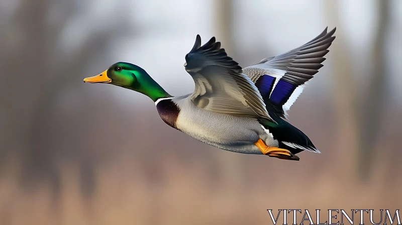 Flying Mallard Duck Close-up AI Image