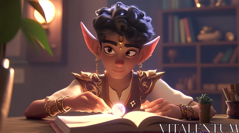 AI ART Elf Reading a Book with Magic Orb