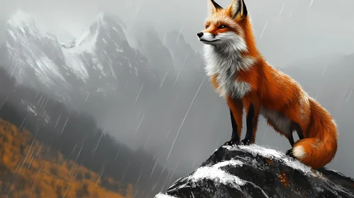 Fox in Rainy Mountain Scene