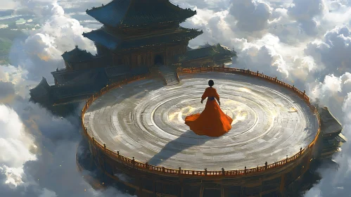 Woman in Red on Temple Platform