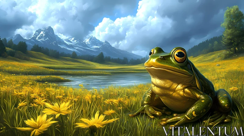 Frog in Vibrant Yellow Flower Field AI Image