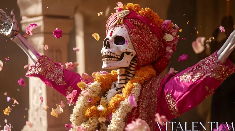 Ethereal Skeleton with Pink Flowers AI Image