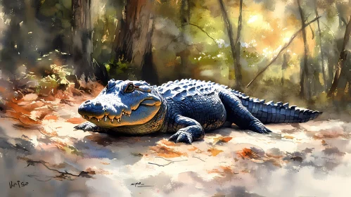 Sunlit Crocodile in Forest
