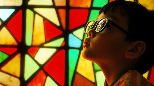 Boy with Glasses Looking at Colorful Window