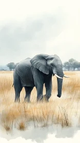 Elephant Among Golden Grasses