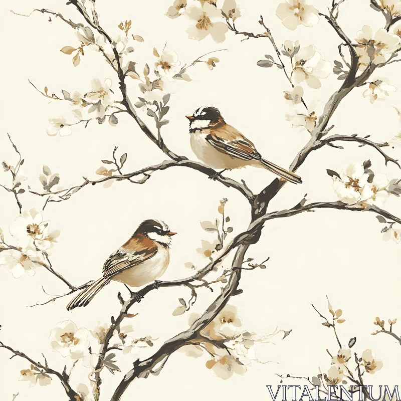 Watercolor Bird Illustration on Blossoming Branches AI Image