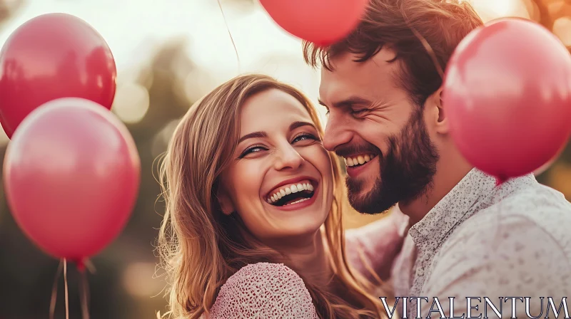 Joyful Embrace with Red Balloons AI Image