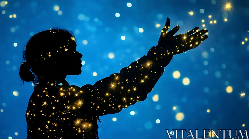 AI ART Girl Silhouette with Stars on Blue Background