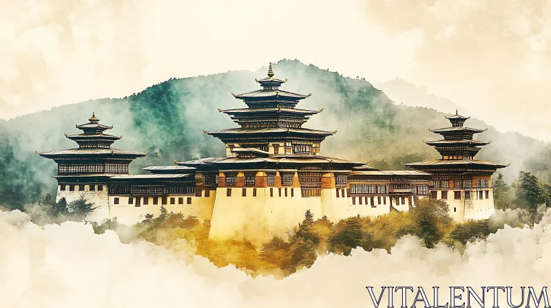 AI ART Watercolor of Bhutanese Architecture