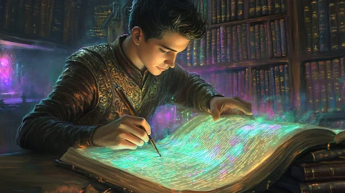 Enchanted Scribe in Ancient Library