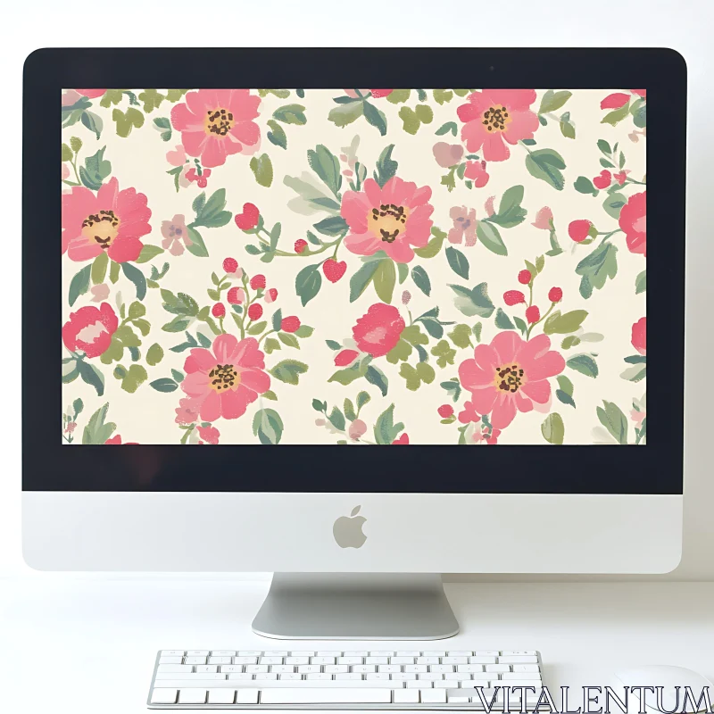 AI ART Botanical Desktop Wallpaper Featuring Pink Flowers