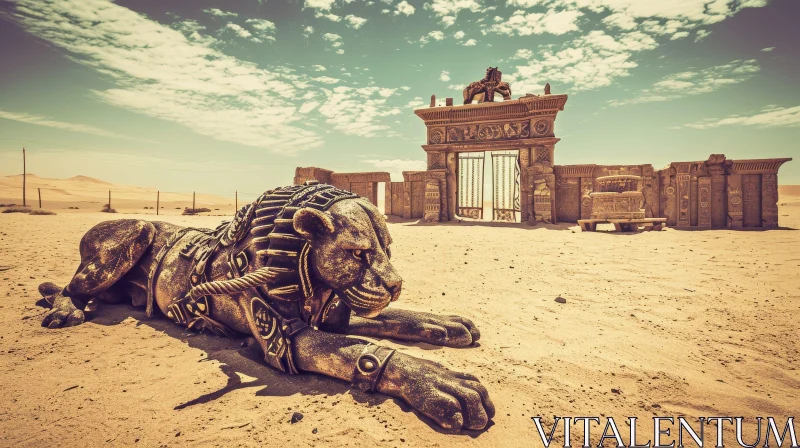 Ancient Egyptian Temple with Stone Lion AI Image