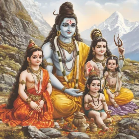 Serene Mountain Gods: A Hindu Family Scene