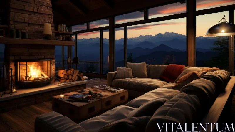 Cabincore Living Room with Fireplace amid Mountainous Vistas AI Image