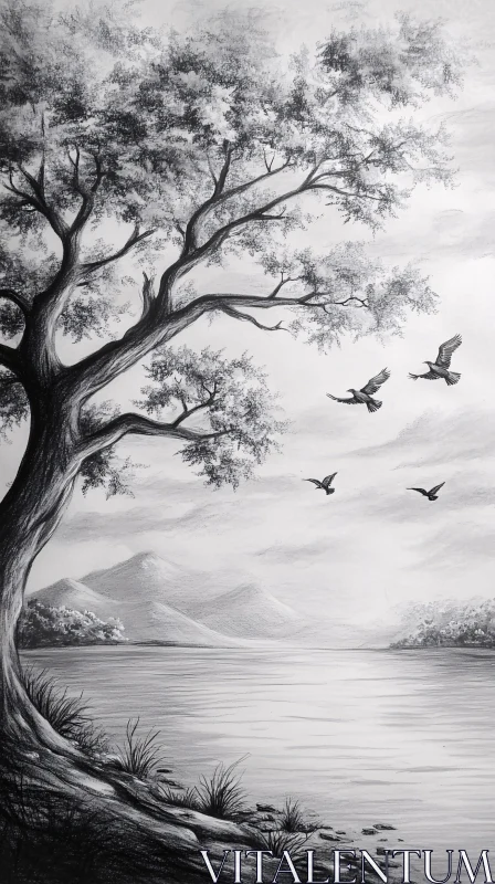 AI ART Tranquil Black and White Landscape Art