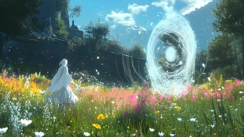 Figure Gazing at Portal in Flower Field