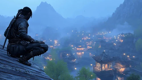 Ninja Overlooking a Glowing City