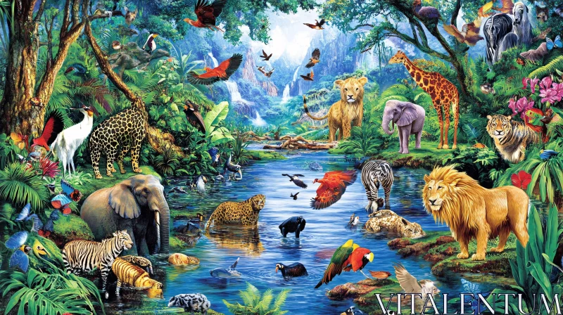 Vibrant Jungle with Rich Wildlife and River AI Image