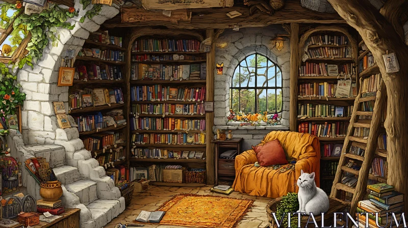 AI ART Serene Cat in Cozy Literary Retreat