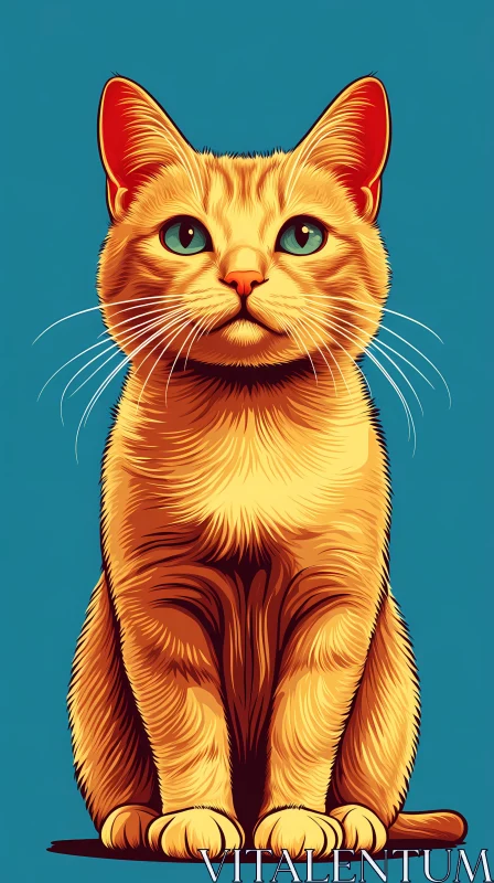 Orange Cat Art on Teal Background AI Image