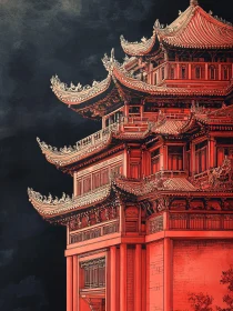 Red Asian Temple under Dark Sky