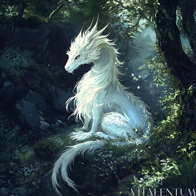 AI ART Mystical White Dragon Forest Scene