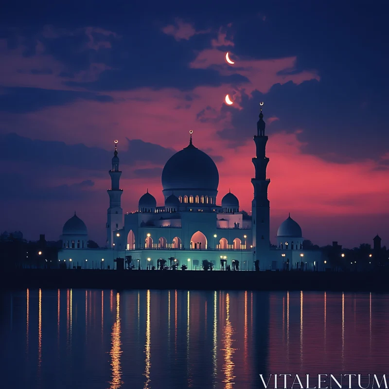 AI ART Night Mosque Reflection Under Crescent Moon