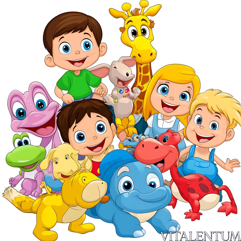 Cartoon Kids and Animal Toys AI Image