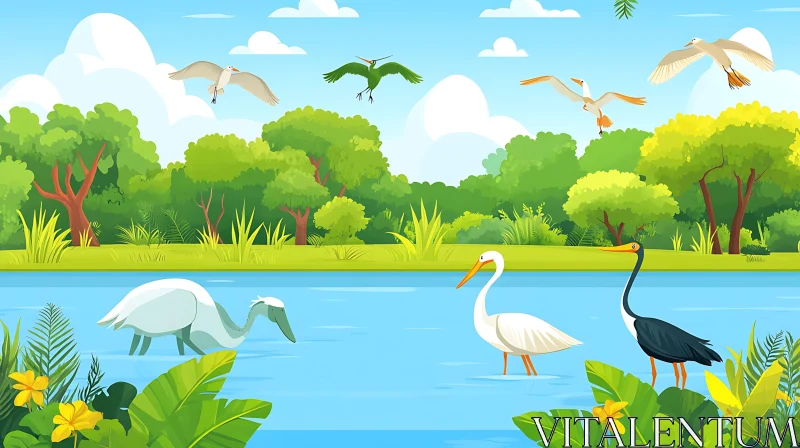 Birds in the Lake Illustration AI Image