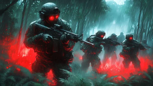 Military Squad in Rainy Forest