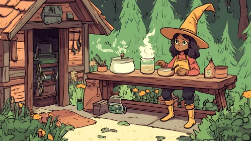 Cartoon Witch Brewing Potions in Forest