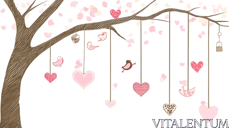 Whimsical Tree with Hearts and Birds AI Image