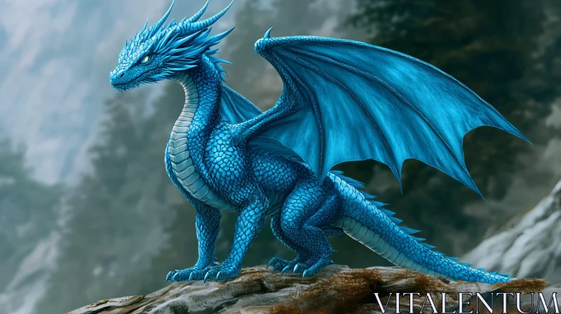 Fantasy Blue Dragon on Rocks AI Image