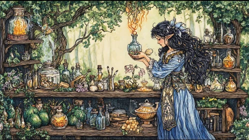 Sorceress Brews Magic in Woodland Workshop