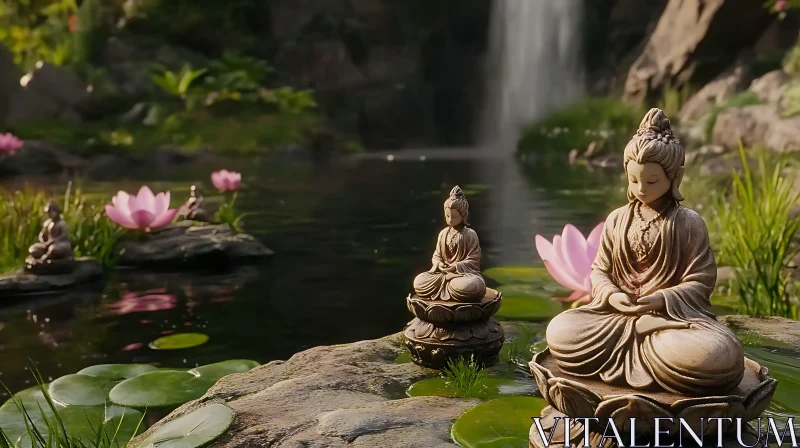 Zen Garden with Buddha Statues and Waterfalls AI Image