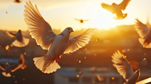 White Doves Soaring at Sunset