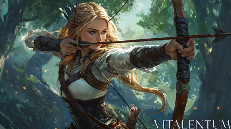 Female Archer Aiming in Forest Scene AI Image