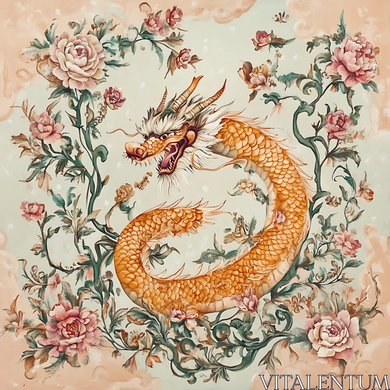 AI ART Dragon and Flowers Ornamental Design